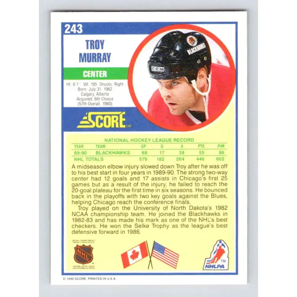 1990-91 Score #243 Troy Murray NM-MT Chicago Blackhawks Hockey Card - Hockey Card Single