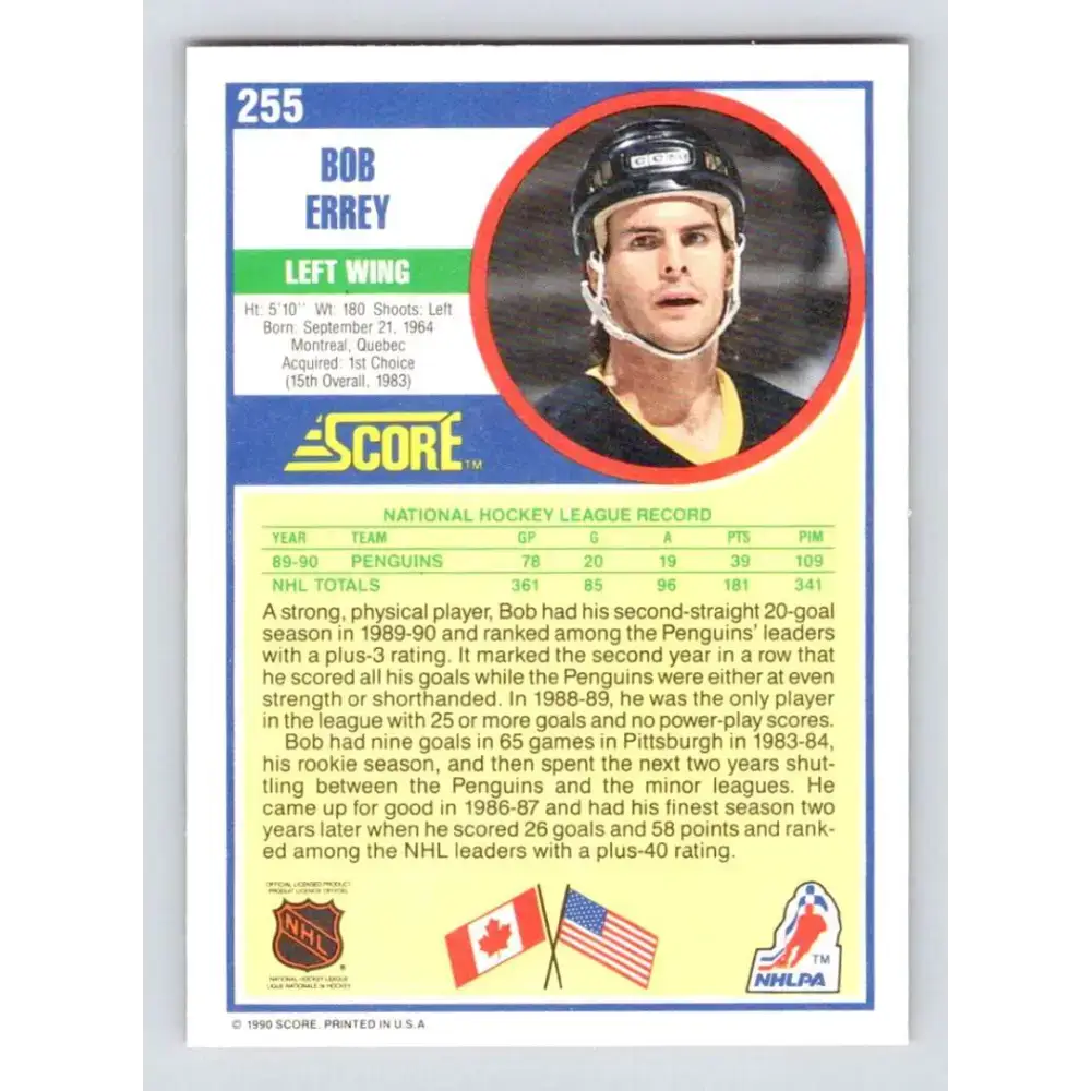 1990-91 Score #255 Bob Errey NM-MT Pittsburgh Penguins Hockey Card - Hockey Card Single