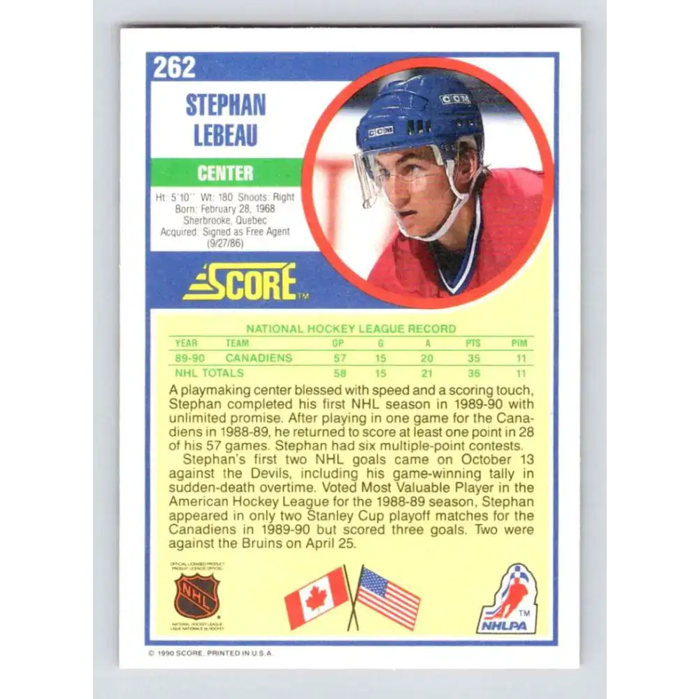 1990-91 Score #262 Stephan Lebeau NM-MT RC Rookie Montreal Canadiens Hockey Card - Hockey Card Single
