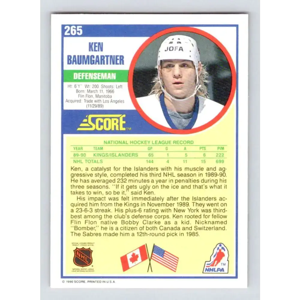 1990-91 Score #265 Ken Baumgartner NM-MT RC Rookie New York Islanders Hockey Card - Hockey Card Single