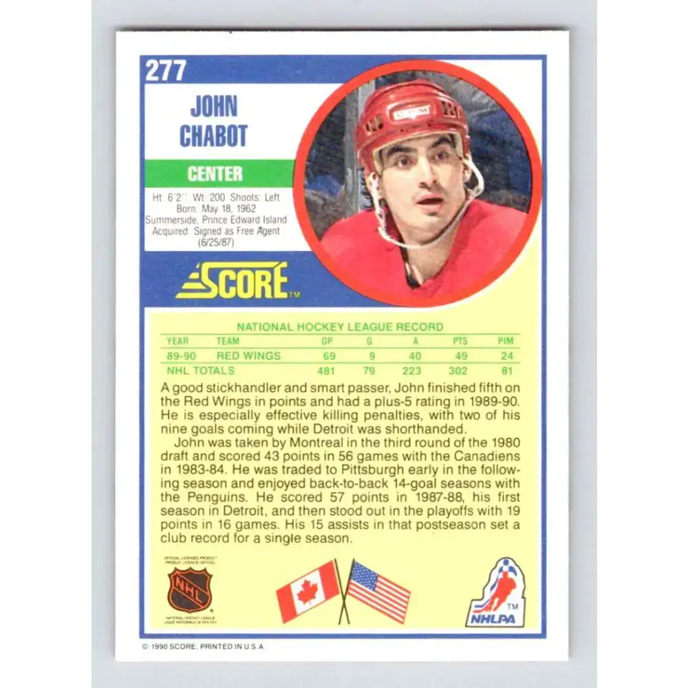 1990-91 Score #277 John Chabot NM-MT Detroit Red Wings Hockey Card - Hockey Card Single