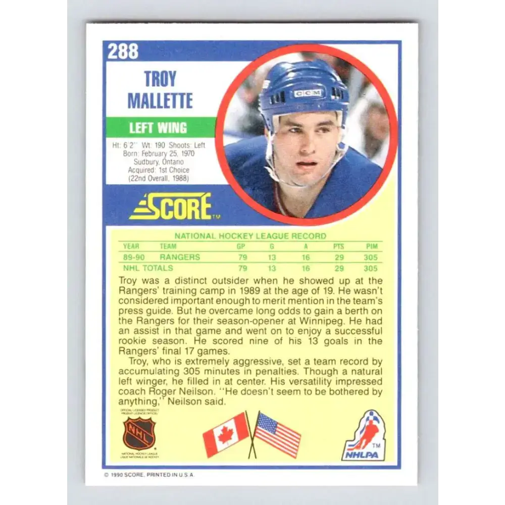 1990-91 Score #288 Troy Mallette NM-MT RC Rookie New York Rangers Hockey Card - Hockey Card Single