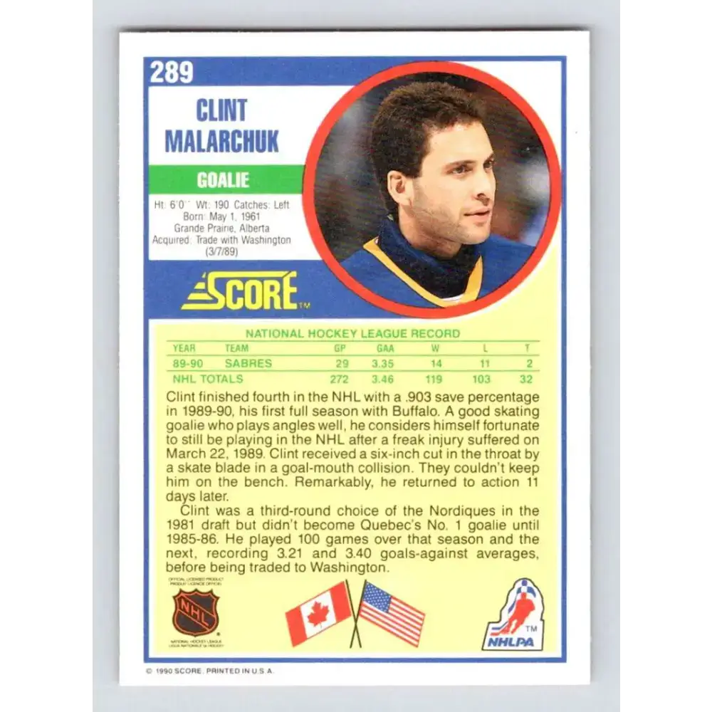 1990-91 Score #289 Clint Malarchuk NM-MT Buffalo Sabres Hockey Card - Hockey Card Single