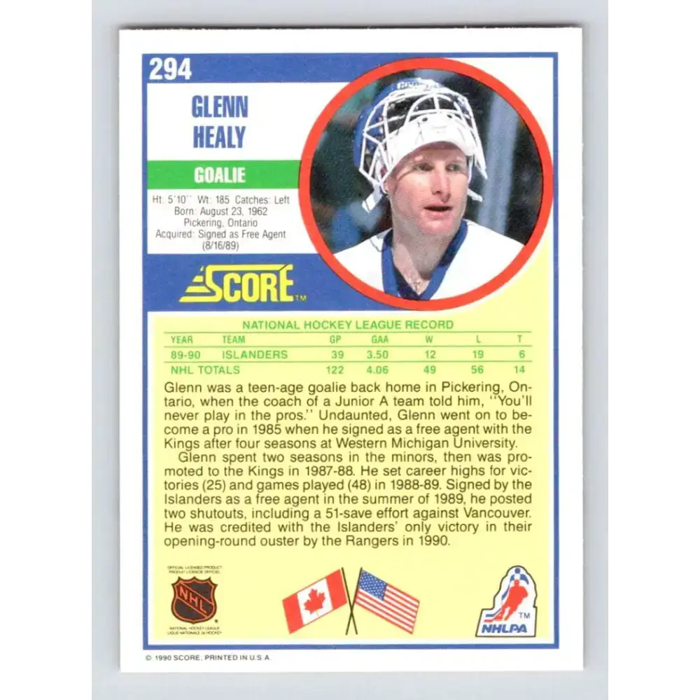 1990-91 Score #294 Glenn Healy NM-MT RC Rookie New York Islanders Hockey Card - Hockey Card Single