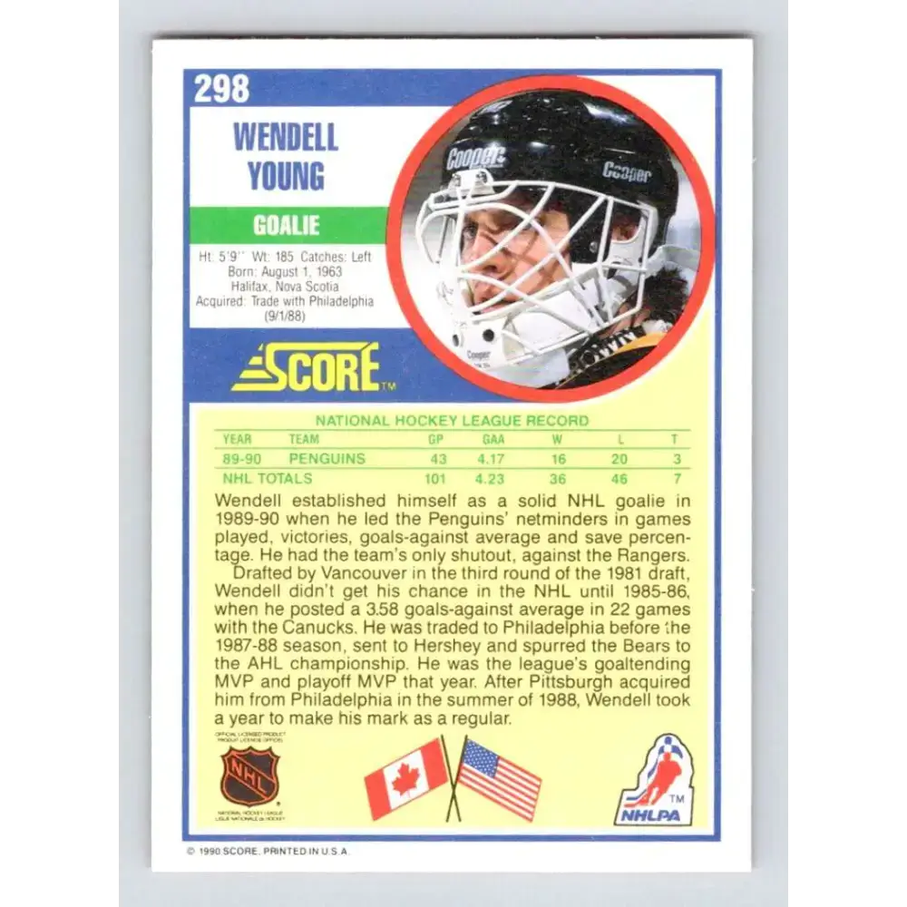 1990-91 Score #298 Wendell Young NM-MT RC Rookie Pittsburgh Penguins Hockey Card - Hockey Card Single