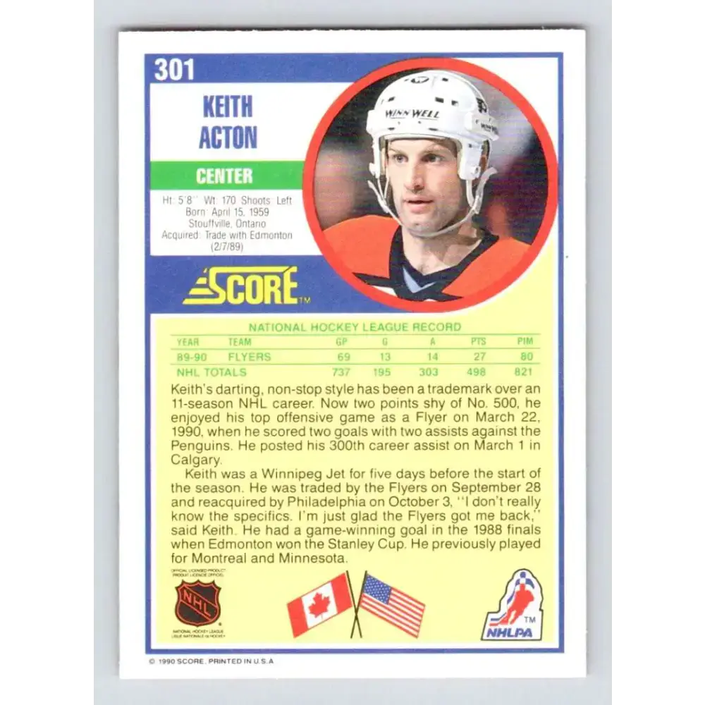 1990-91 Score #301 Keith Acton NM-MT Philadelphia Flyers Hockey Card - Hockey Card Single