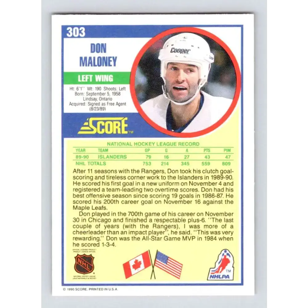 1990-91 Score #303 Don Maloney NM-MT New York Islanders Hockey Card - Hockey Card Single