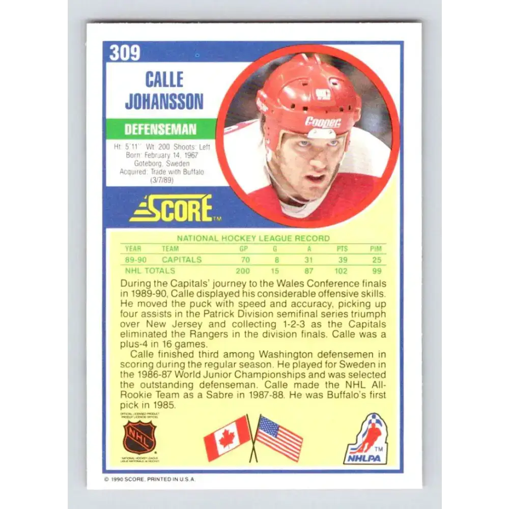 1990-91 Score #309 Calle Johansson NM-MT Washington Capitals Hockey Card - Hockey Card Single