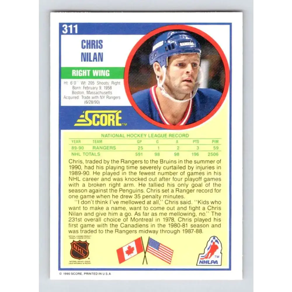 1990-91 Score #311 Chris Nilan NM-MT New York Rangers Hockey Card - Hockey Card Single