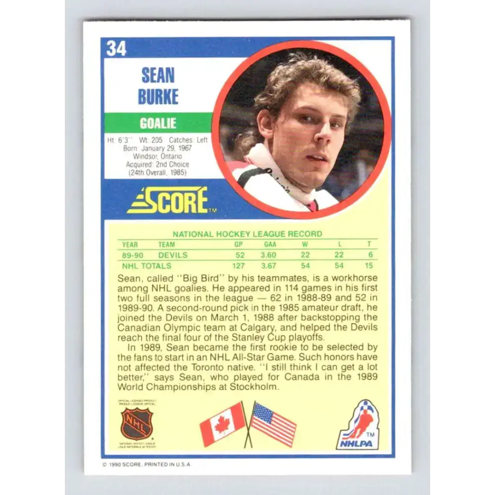 1990-91 Score #34 Sean Burke NM-MT New Jersey Devils Hockey Card - Hockey Card Single
