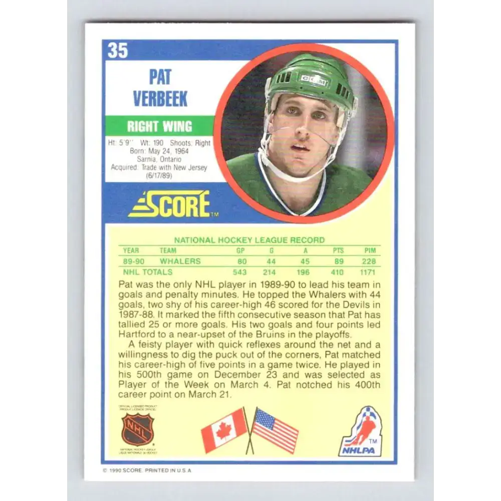 1990-91 Score #35 Pat Verbeek NM-MT Hartford Whalers Hockey Card - Hockey Card Single