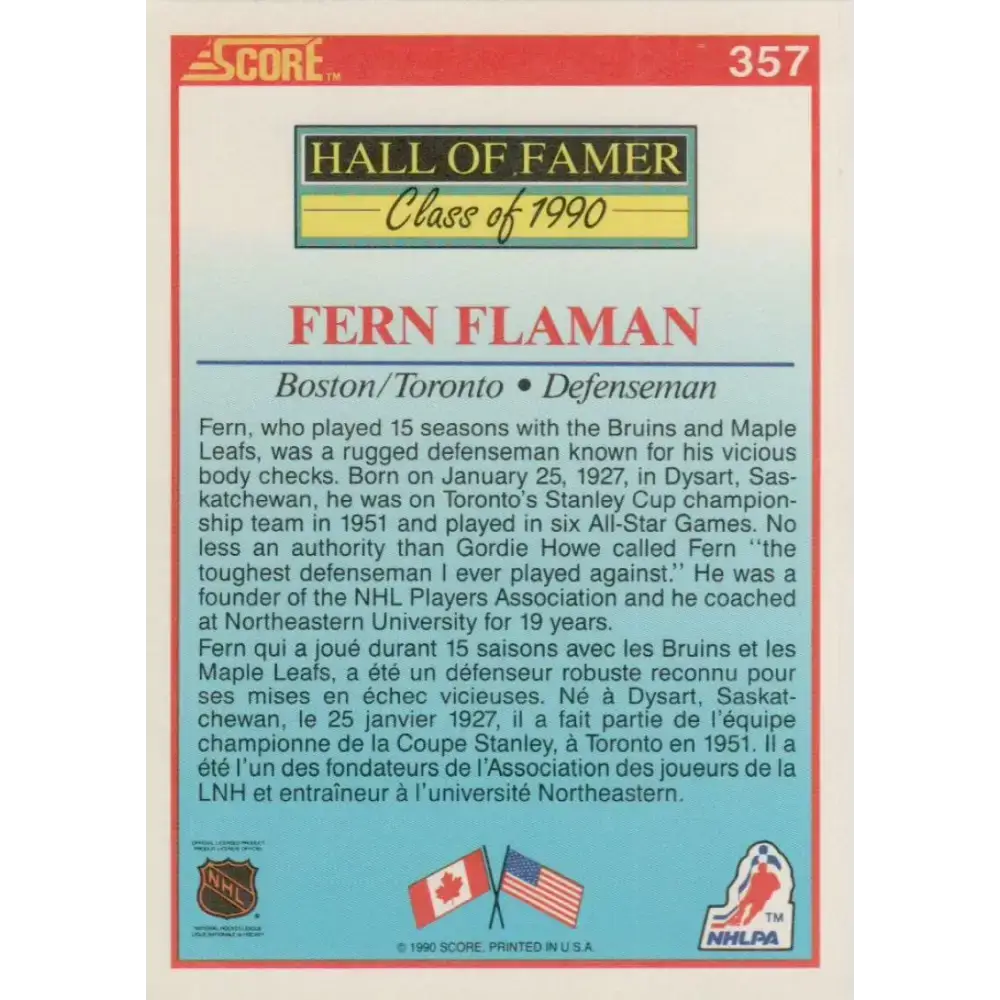 1990-91 Score #357 Fern Flaman NM-MT Boston Bruins Hockey Card - Hockey Card Single