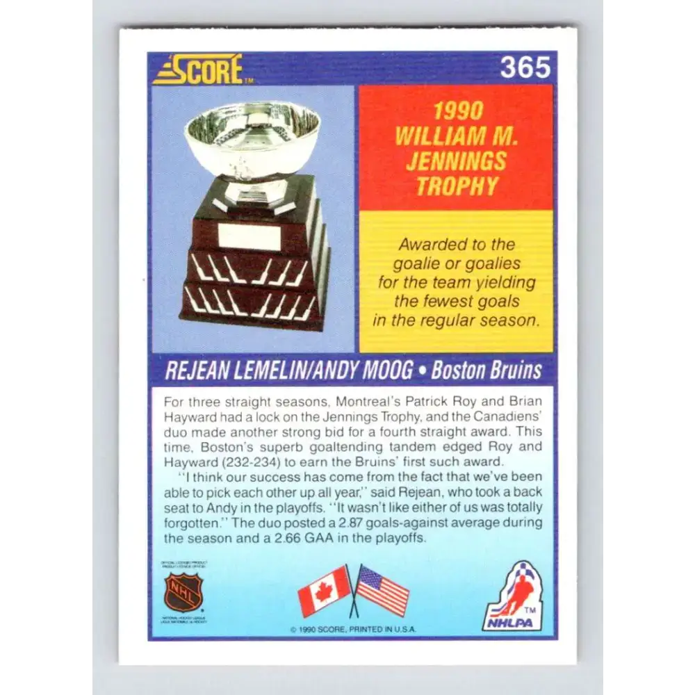 1990-91 Score #365 Reggie Lemelin/Andy Moog NM-MT Boston Bruins Hockey Card - Hockey Card Single