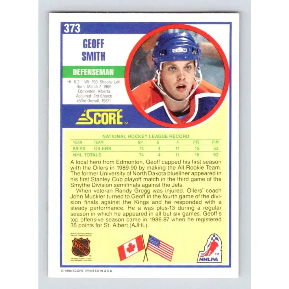 1990-91 Score #373 Geoff Smith NM-MT RC Rookie Edmonton Oilers Hockey Card - Hockey Card Single