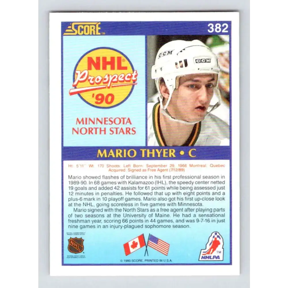 1990-91 Score #382 Mario Thyer NM-MT RC Rookie Minnesota North Stars Hockey Card - Hockey Card Single