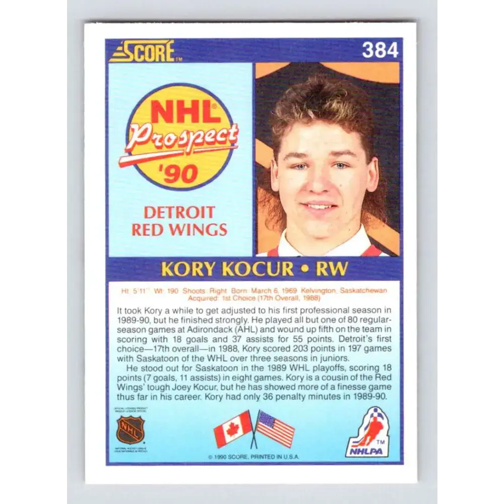 1990-91 Score #384 Kory Kocur NM-MT RC Rookie Detroit Red Wings Hockey Card