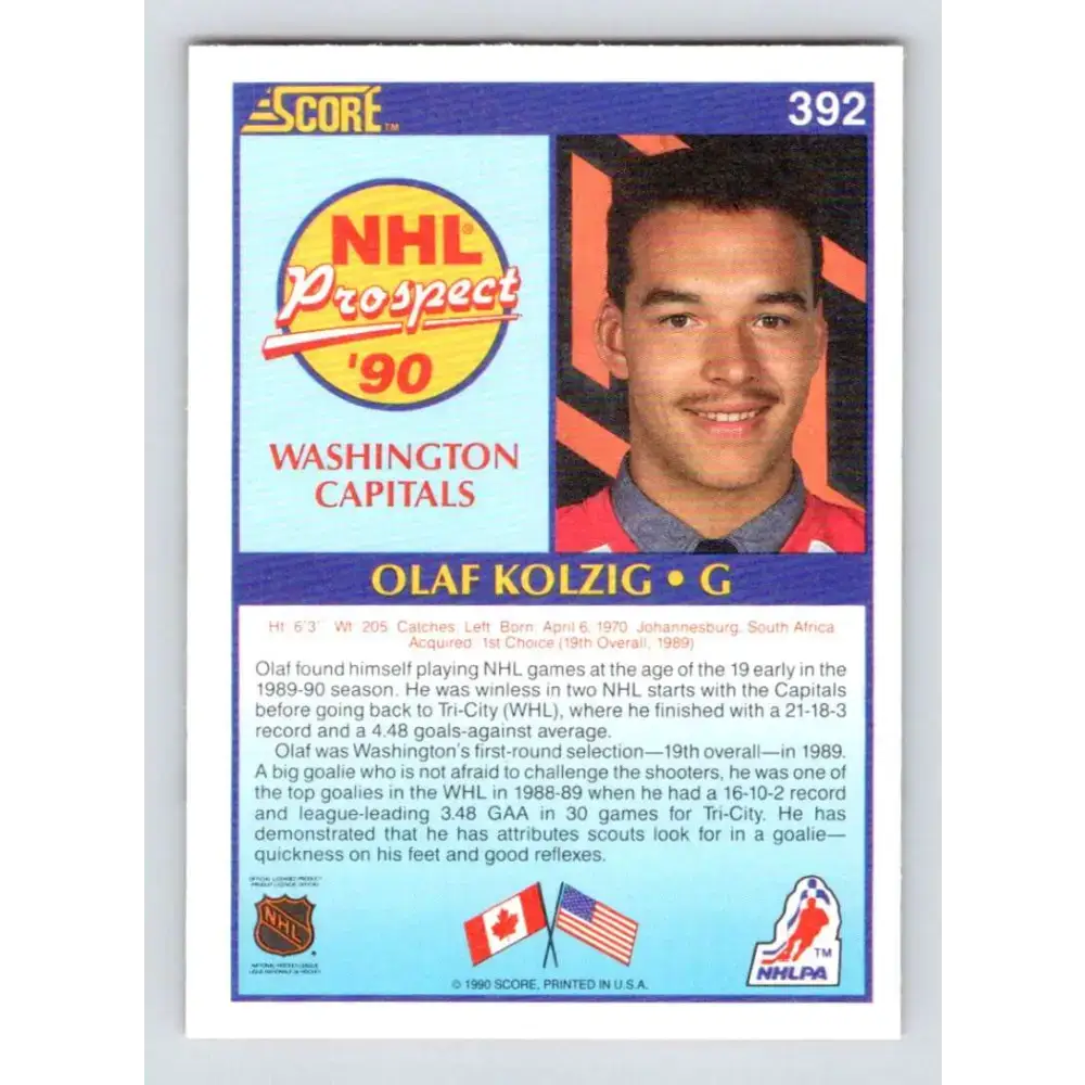 1990-91 Score #392 Olaf Kolzig NM-MT RC Rookie Washington Capitals Hockey Card - Hockey Card Single