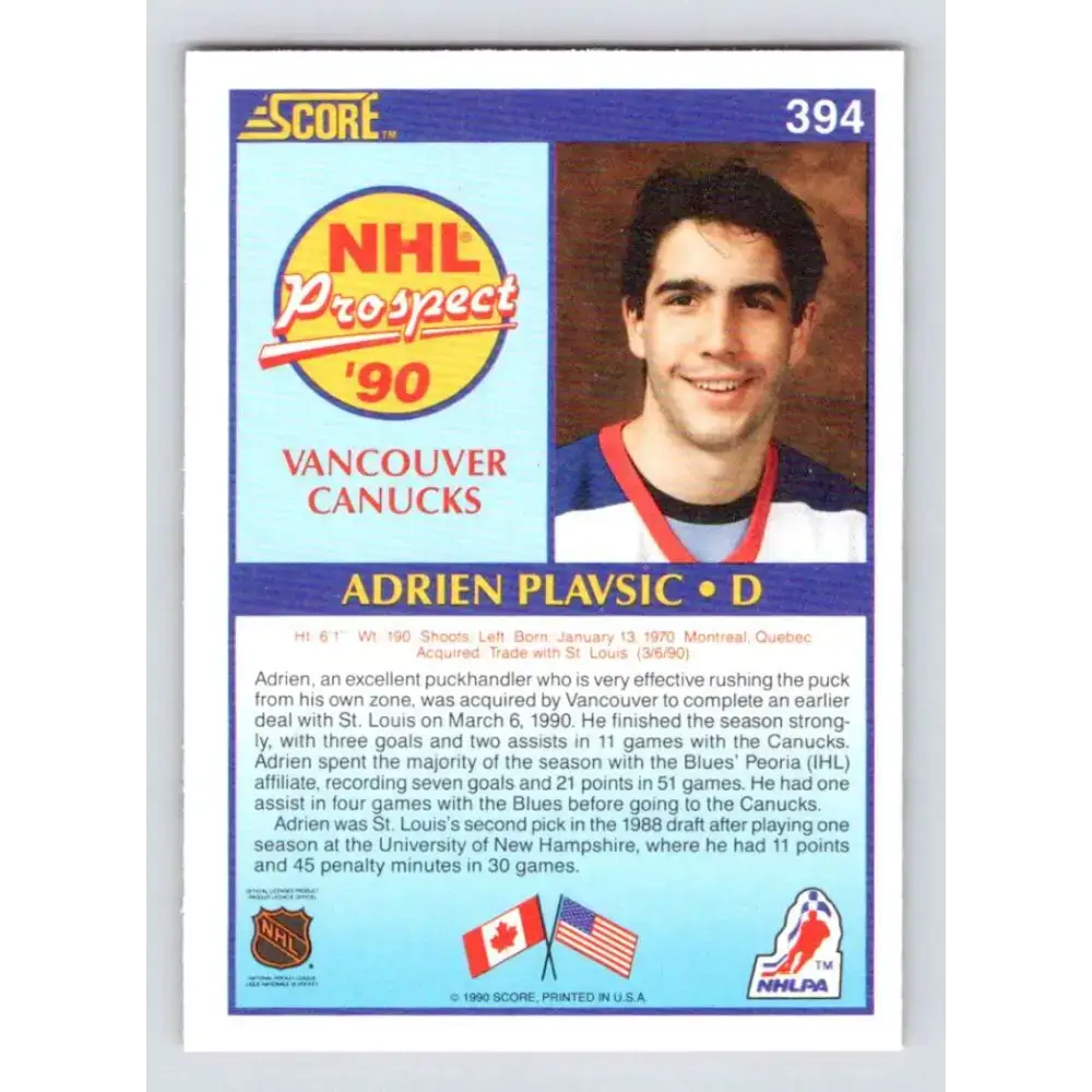 1990-91 Score #394 Adrien Plavsic NM-MT RC Rookie Vancouver Canucks Hockey Card - Hockey Card Single