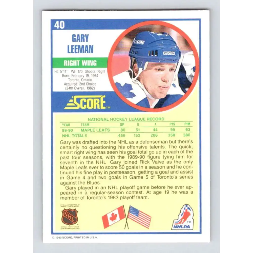 1990-91 Score #40 Gary Leeman NM-MT Toronto Maple Leafs Hockey Card - Hockey Card Single