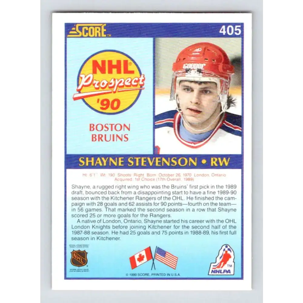 1990-91 Score #405 Shayne Stevenson NM-MT RC Rookie Boston Bruins Hockey Card - Hockey Card Single