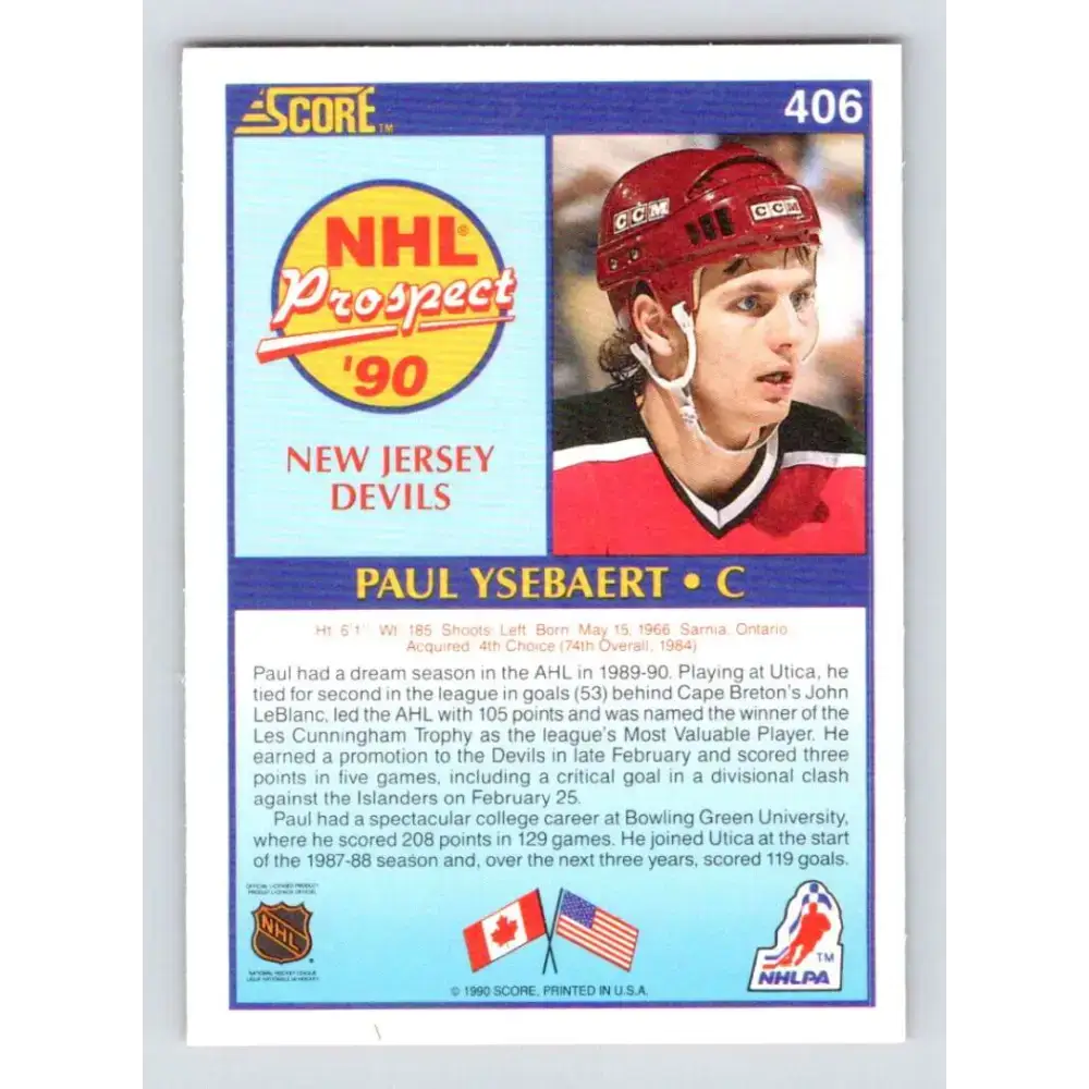 1990-91 Score #406 Paul Ysebaert NM-MT RC Rookie New Jersey Devils Hockey Card - Hockey Card Single