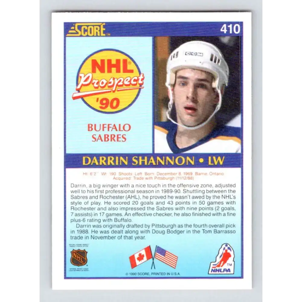 1990-91 Score #410 Darrin Shannon NM-MT RC Rookie Buffalo Sabres Hockey Card - Hockey Card Single