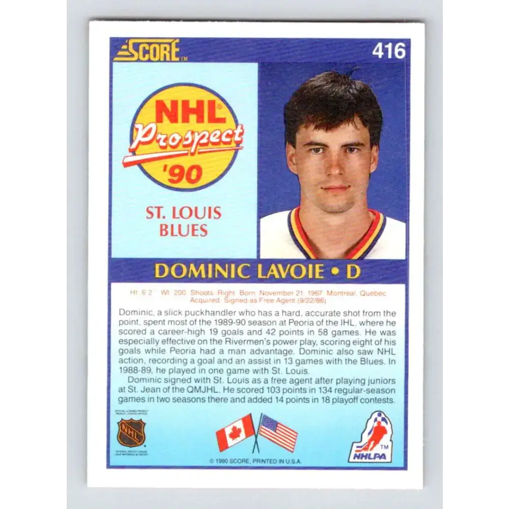 1990-91 Score #416 Dominic Lavoie NM-MT RC Rookie St. Louis Blues Hockey Card - Hockey Card Single