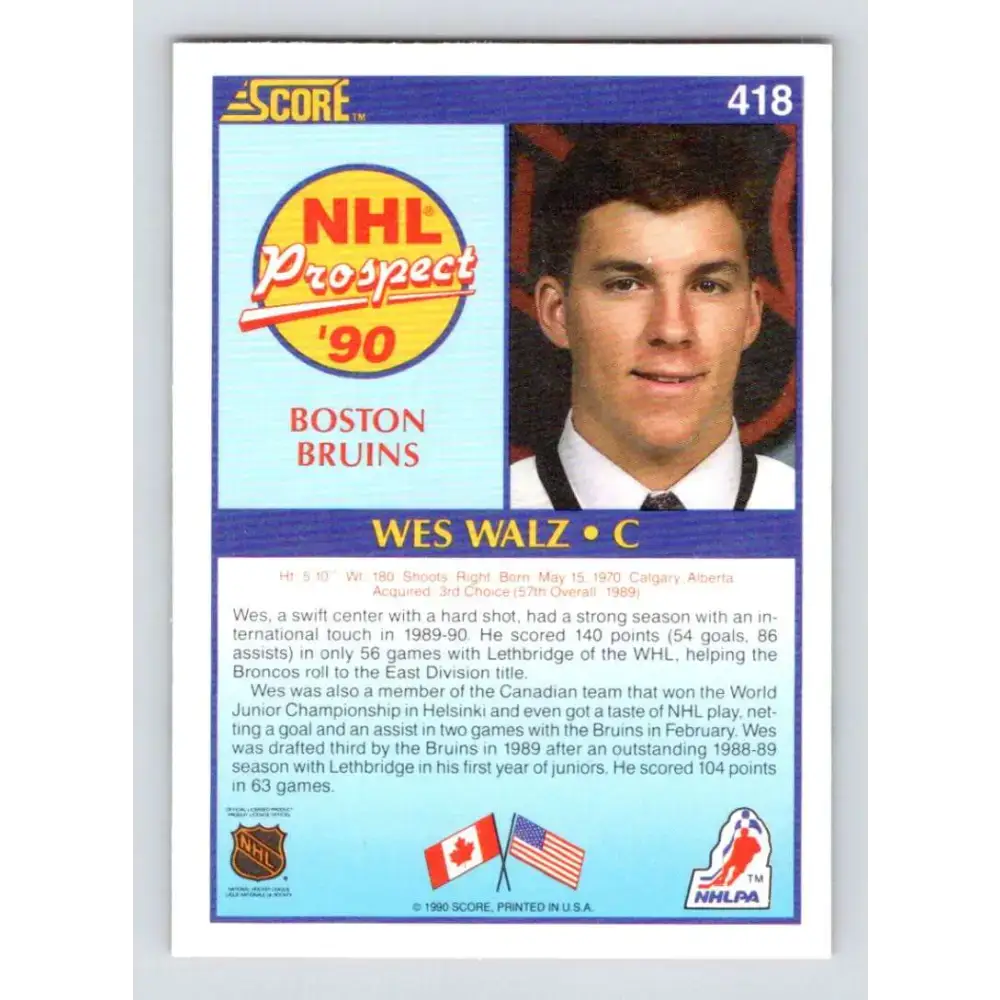 1990-91 Score #418 Wes Walz NM-MT RC Rookie Boston Bruins Hockey Card - Hockey Card Single