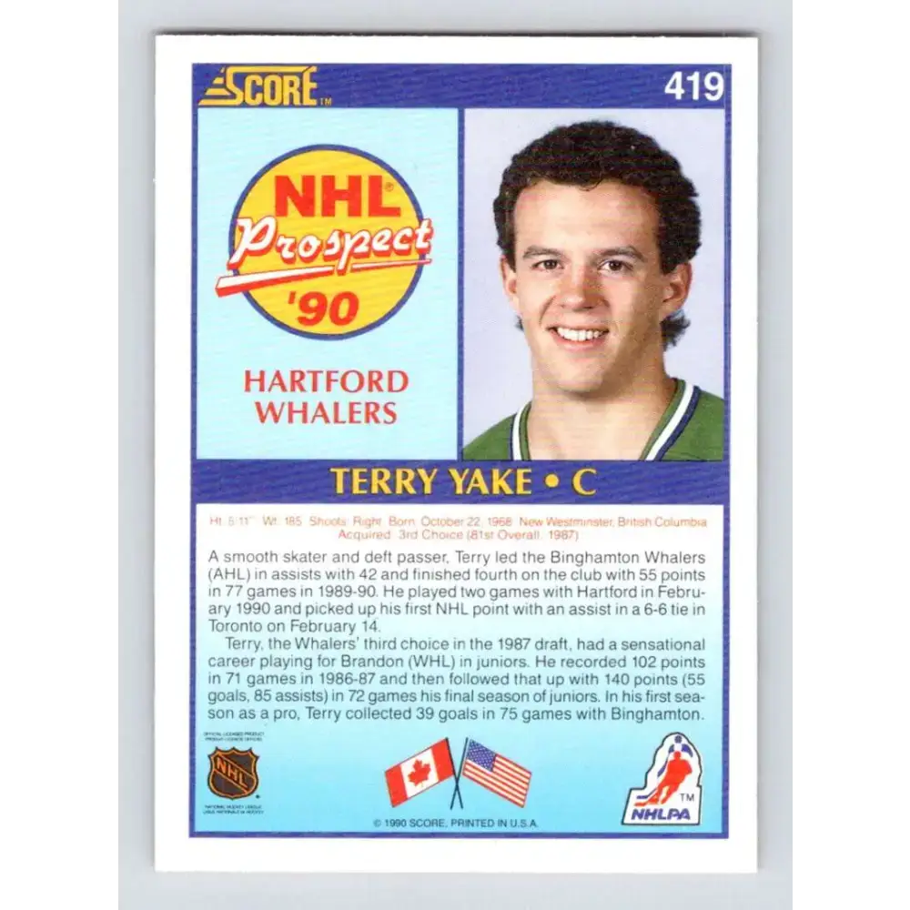 1990-91 Score #419 Terry Yake NM-MT RC Rookie Hartford Whalers Hockey Card - Hockey Card Single