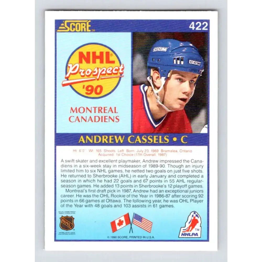 1990-91 Score #422 Andrew Cassels NM-MT RC Rookie Montreal Canadiens Hockey Card - Hockey Card Single