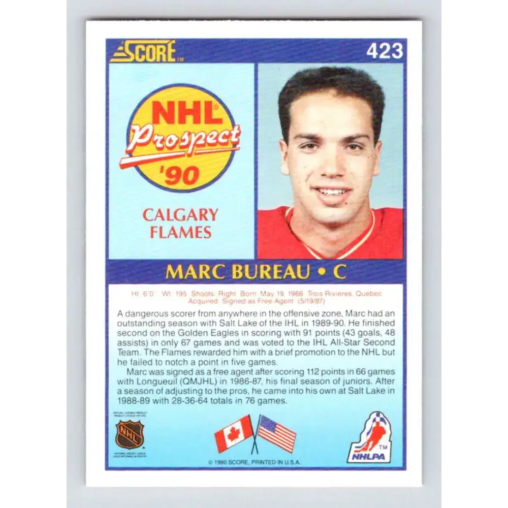 1990-91 Score #423 Marc Bureau NM-MT RC Rookie Calgary Flames Hockey Card - Hockey Card Single