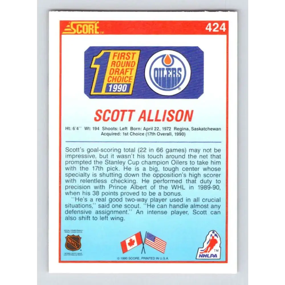 1990-91 Score #424 Scott Allison NM-MT RC Rookie Edmonton Oilers Hockey Card - Hockey Card Single