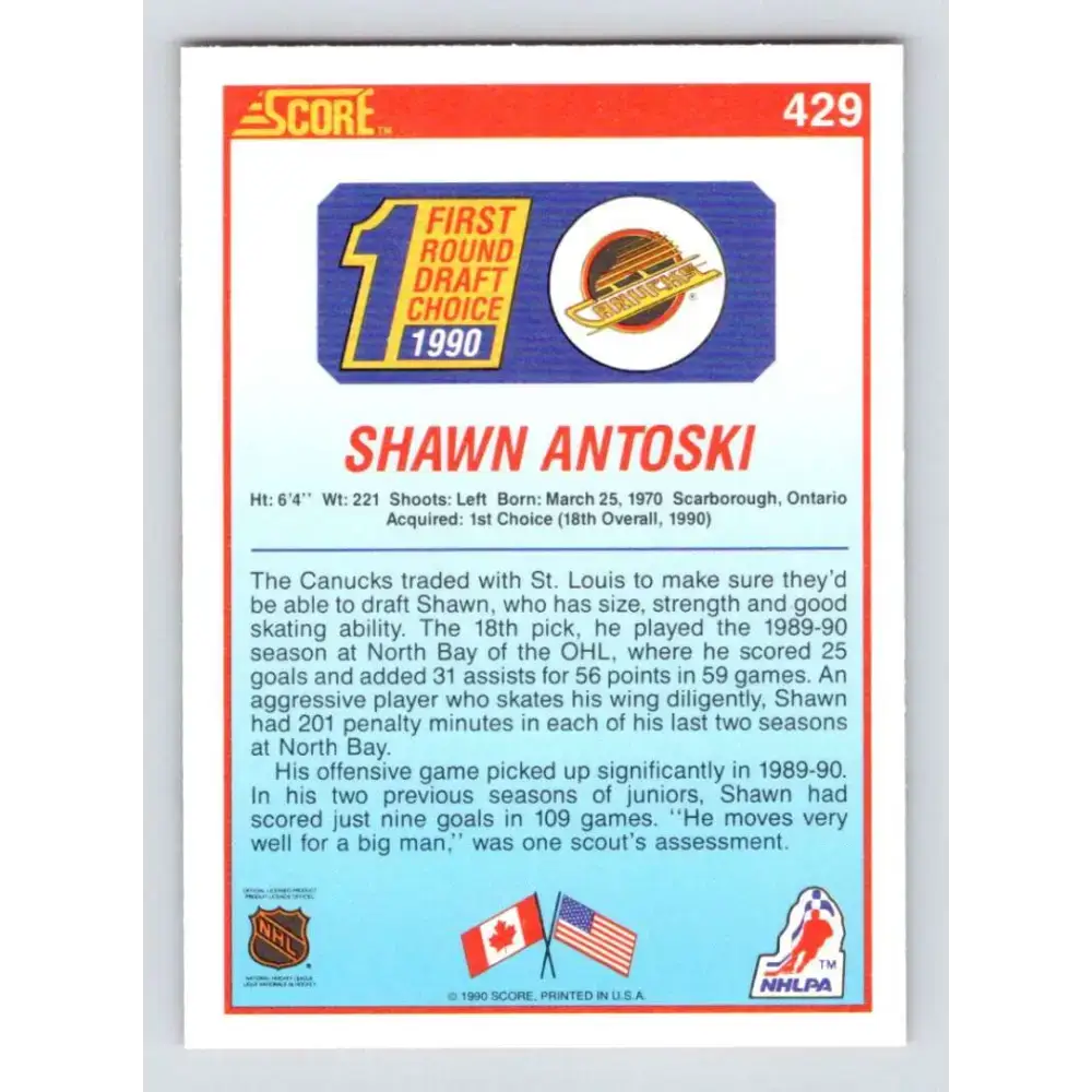 1990-91 Score #429 Shawn Antoski NM-MT RC Rookie Vancouver Canucks Hockey Card - Hockey Card Single
