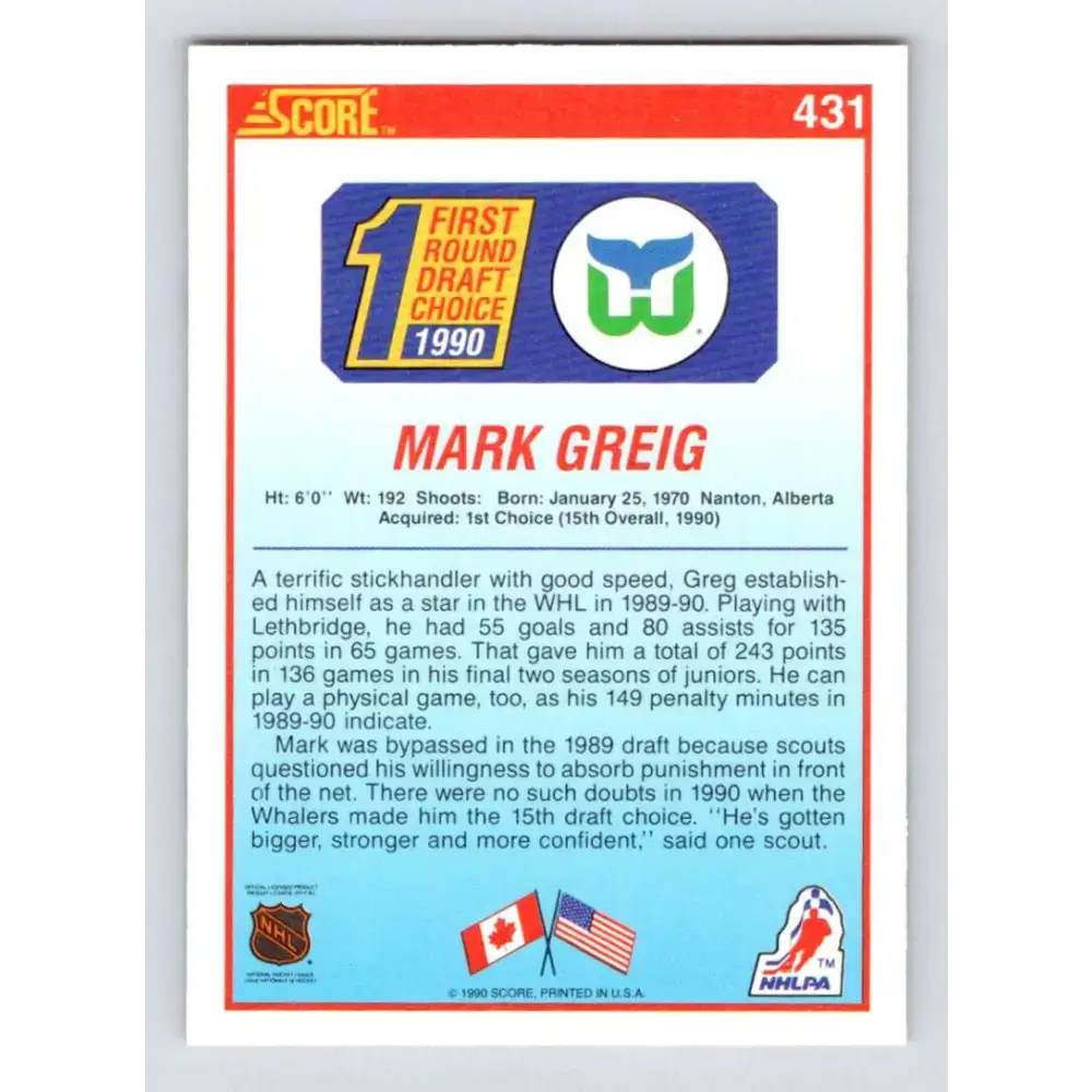 1990-91 Score #431 Mark Greig NM-MT RC Rookie Hartford Whalers Hockey Card