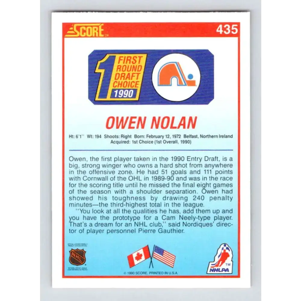 1990-91 Score #435 Owen Nolan NM-MT RC Rookie Quebec Nordiques Hockey Card