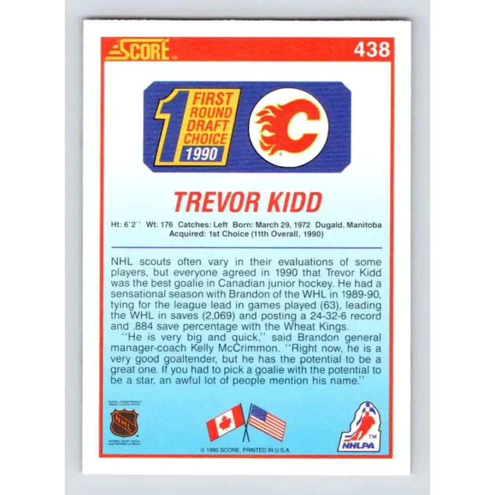 1990-91 Score #438 Trevor Kidd NM-MT RC Rookie Calgary Flames Hockey Card - Hockey Card Single