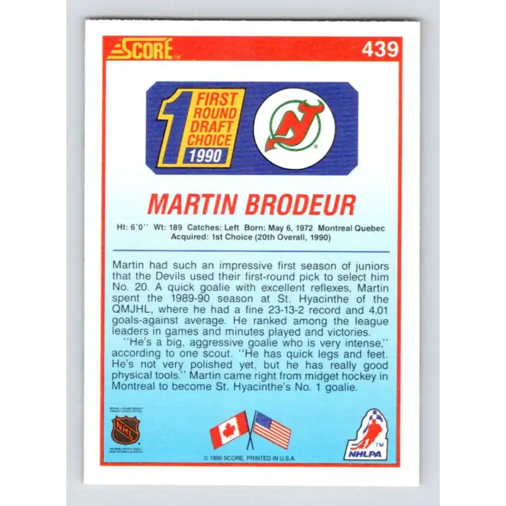 1990-91 Score #439 Martin Brodeur NM-MT RC Rookie New Jersey Devils Hockey Card - Hockey Card Single