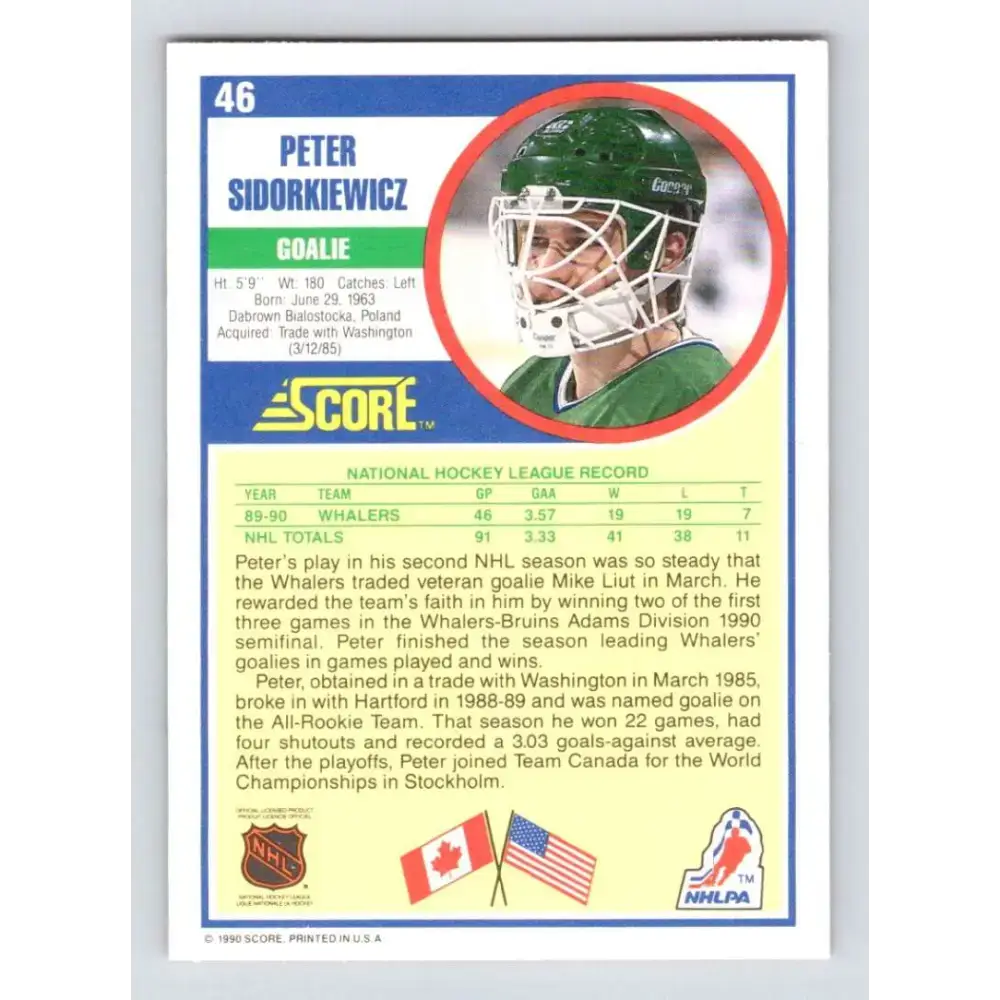 1990-91 Score #46 Peter Sidorkiewicz NM-MT Hartford Whalers Hockey Card - Hockey Card Single