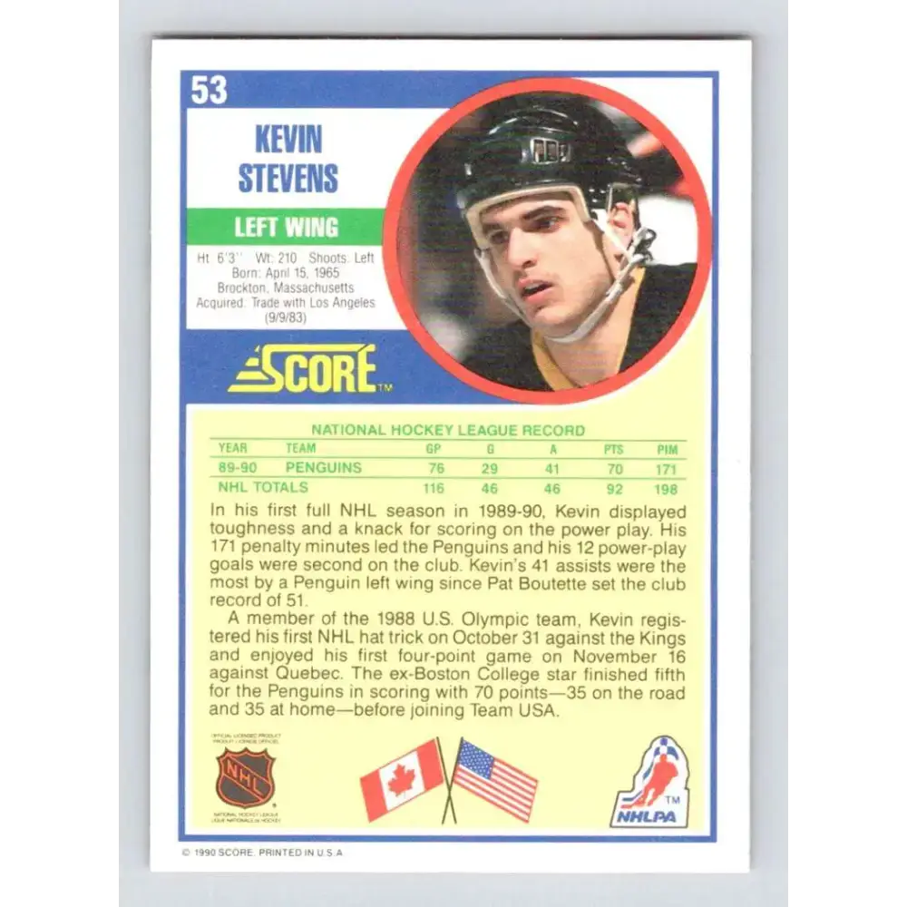 1990-91 Score #53 Kevin Stevens NM-MT RC Rookie Pittsburgh Penguins Hockey Card - Hockey Card Single