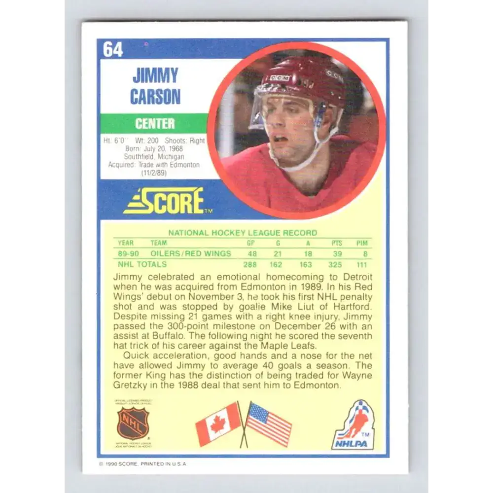 1990-91 Score #64 Jimmy Carson NM-MT Detroit Red Wings Hockey Card - Hockey Card Single