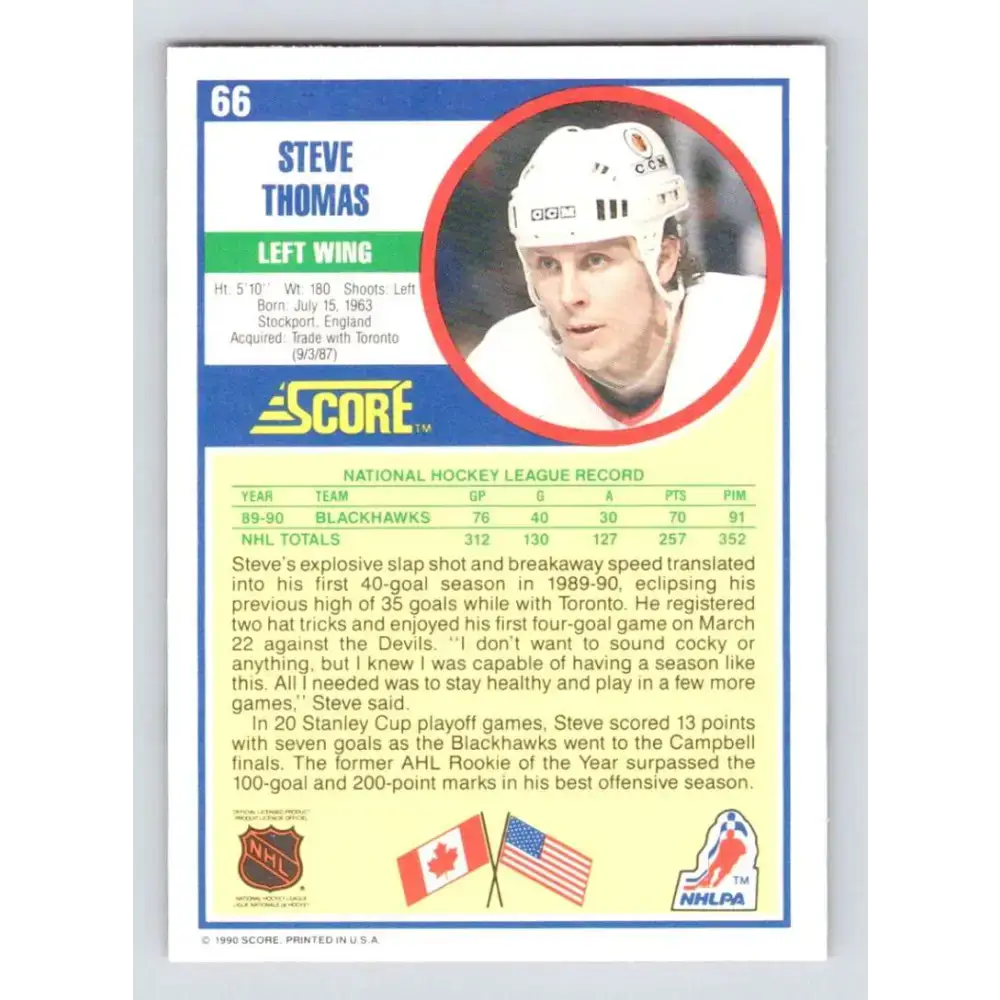 1990-91 Score #66 Steve Thomas NM-MT Chicago Blackhawks Hockey Card