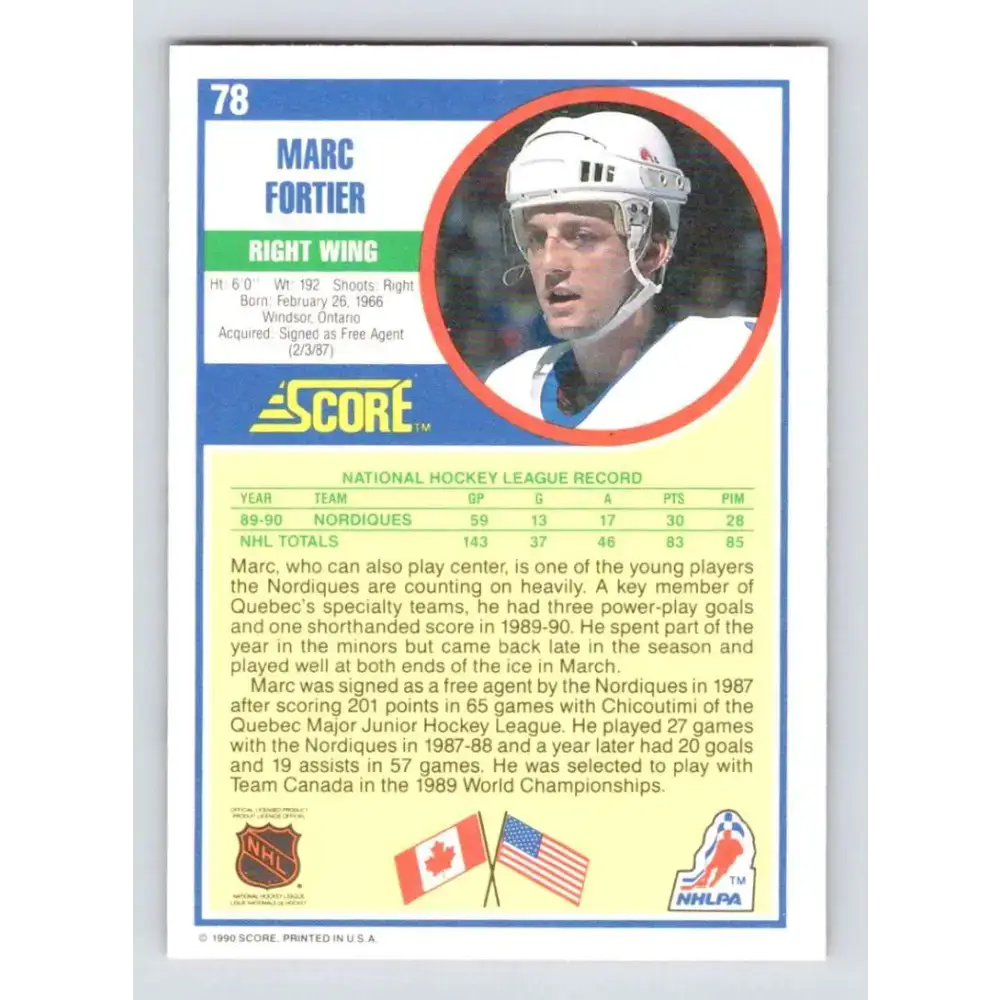 1990-91 Score #78 Marc Fortier NM-MT Quebec Nordiques Hockey Card - Hockey Card Single
