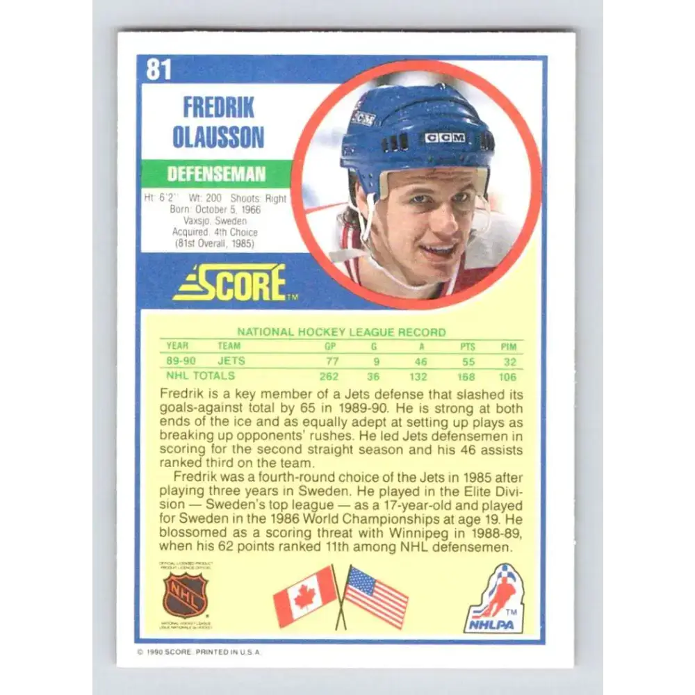 1990-91 Score #81 Fredrik Olausson NM-MT Winnipeg Jets Hockey Card - Hockey Card Single