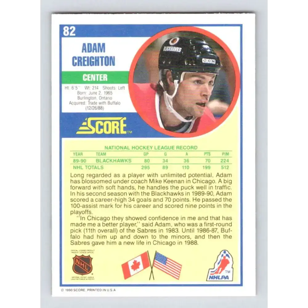 1990-91 Score #82 Adam Creighton NM-MT Chicago Blackhawks Hockey Card - Hockey Card Single