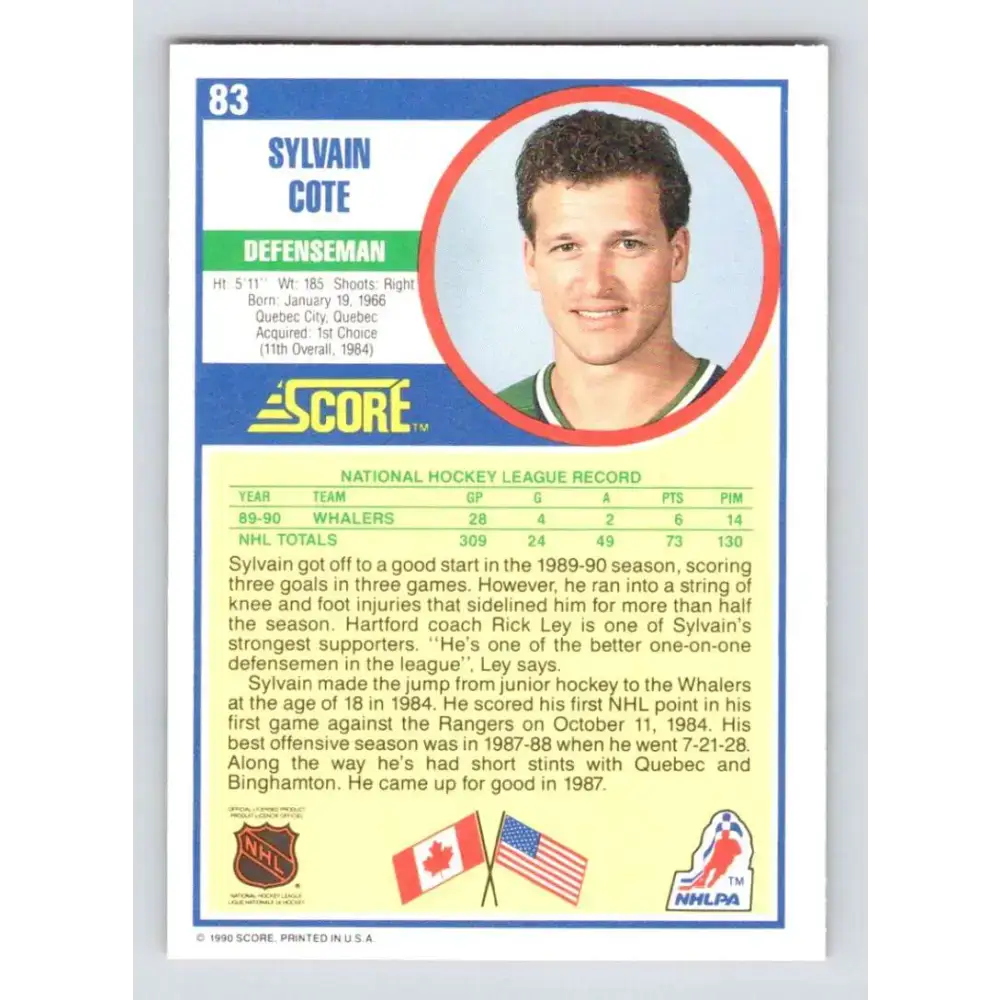 1990-91 Score #83 Sylvain Cote NM-MT Hartford Whalers Hockey Card - Hockey Card Single
