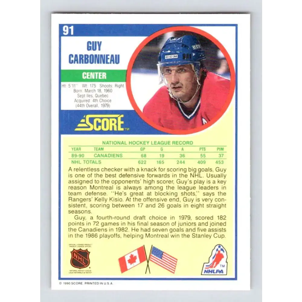 1990-91 Score #91 Guy Carbonneau NM-MT Montreal Canadiens Hockey Card - Hockey Card Single