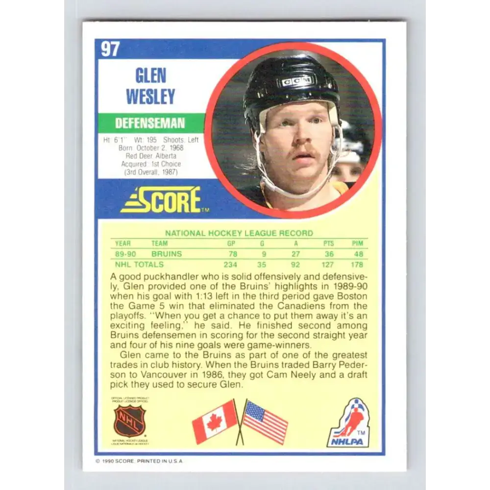 1990-91 Score #97 Glen Wesley NM-MT Boston Bruins Hockey Card - Hockey Card Single