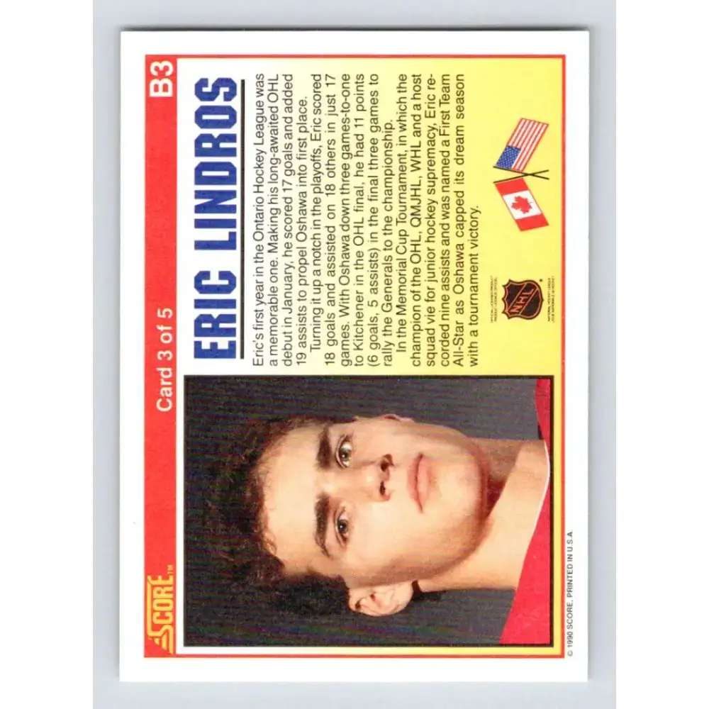 1990-91 Score #B3 Eric Lindros NM-MT Oshawa Generals Hockey Card - Hockey Card Single