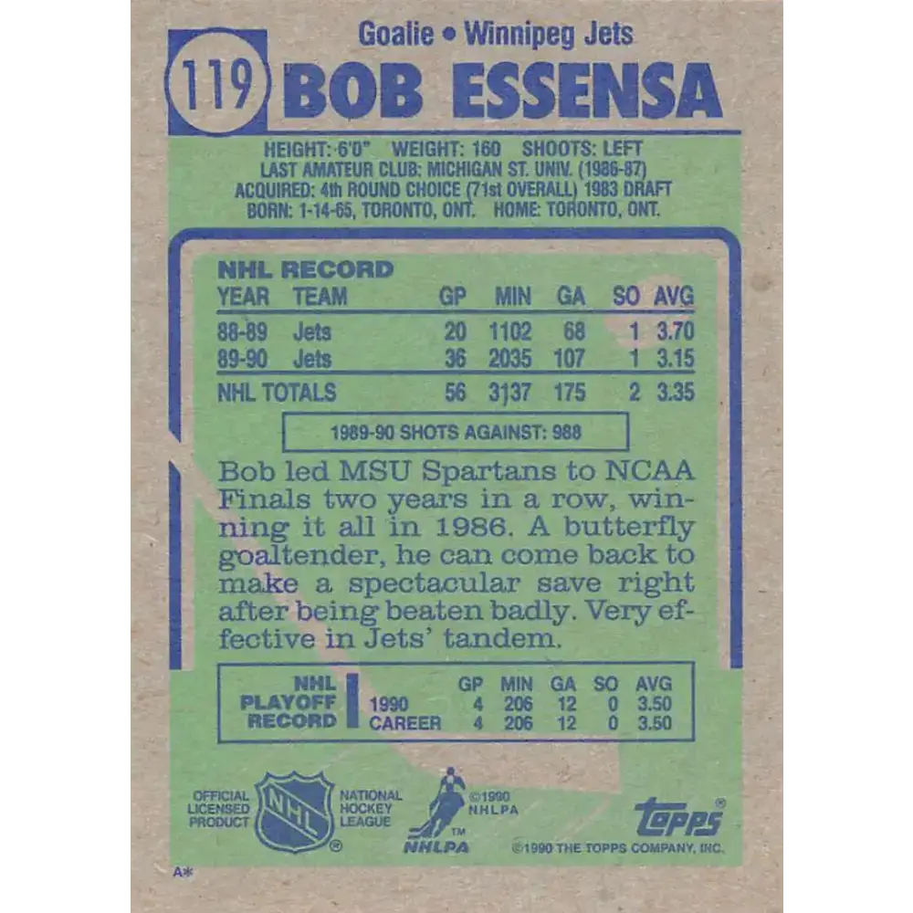 1990-91 Topps #119 Bob Essensa NM-MT RC Rookie Winnipeg Jets Hockey Card - Hockey Card Single