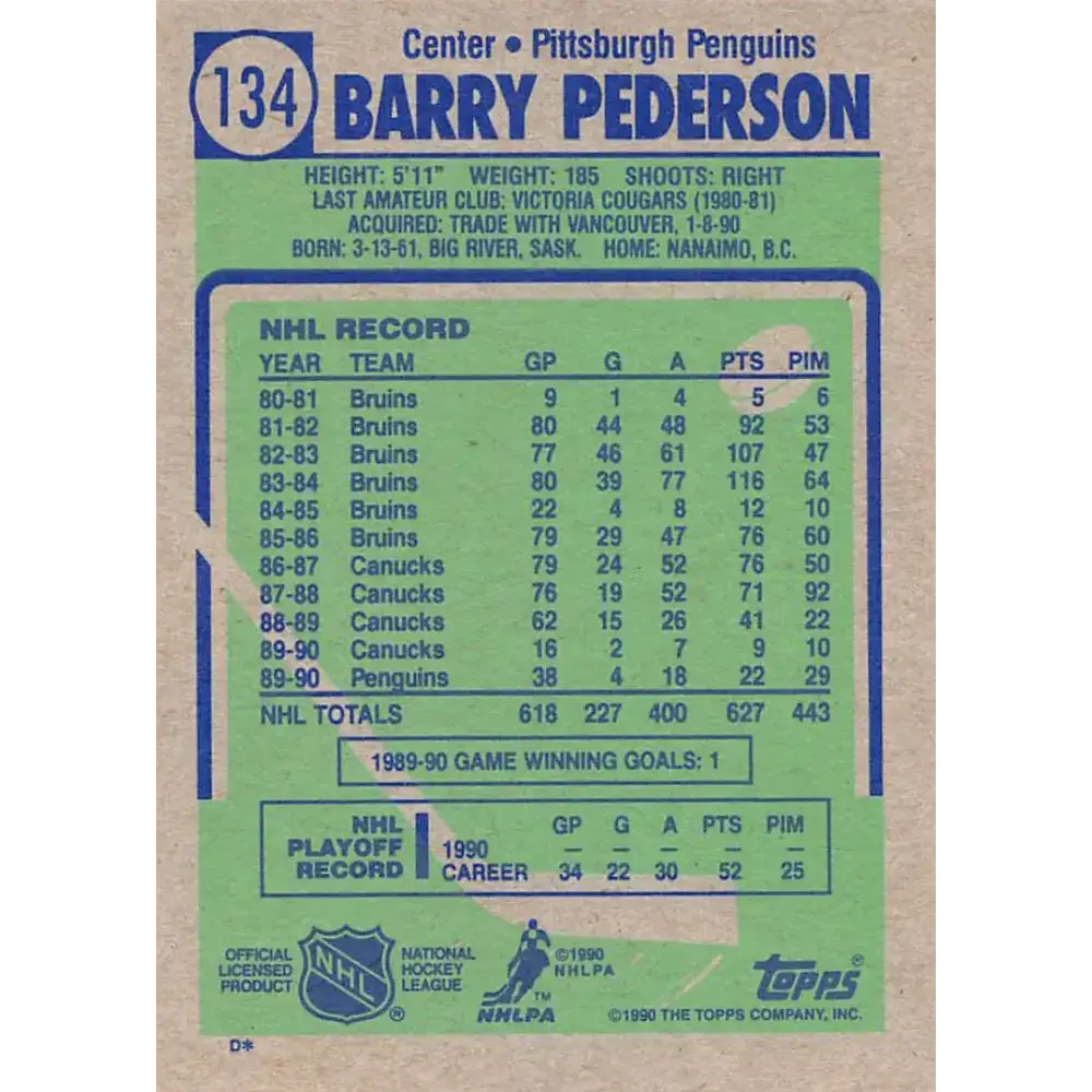 1990-91 Topps #134 Barry Pederson NM-MT Pittsburgh Penguins Hockey Card - Hockey Card Single